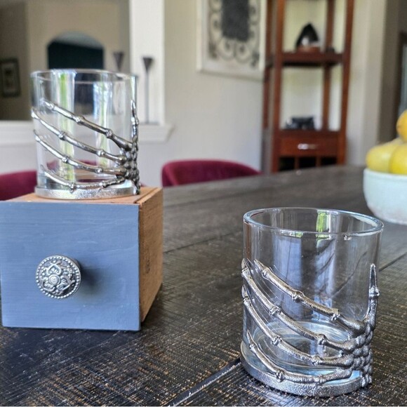 Skeleton Hand Double Old Fashioned Glass Cup Halloween Spooky 4'H Set Of 2 - Picture 1 of 9